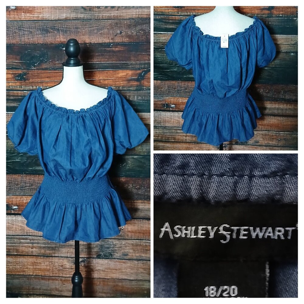 NWT Ashley Stewart Top Plus Size 18 20 Off Shoulder Blue Denim Puff Sleeve